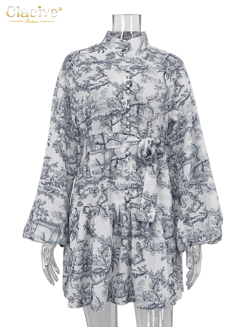 Vestido Clásico Suelto para Mujer: Cuello Alto, Mangas Abullonadas y Pliegues con Encaje