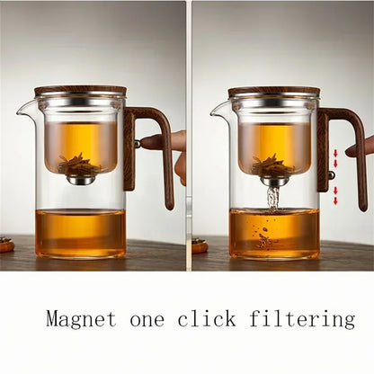 Tetera de vidrio con interruptor magnético de un solo clic y mango de madera