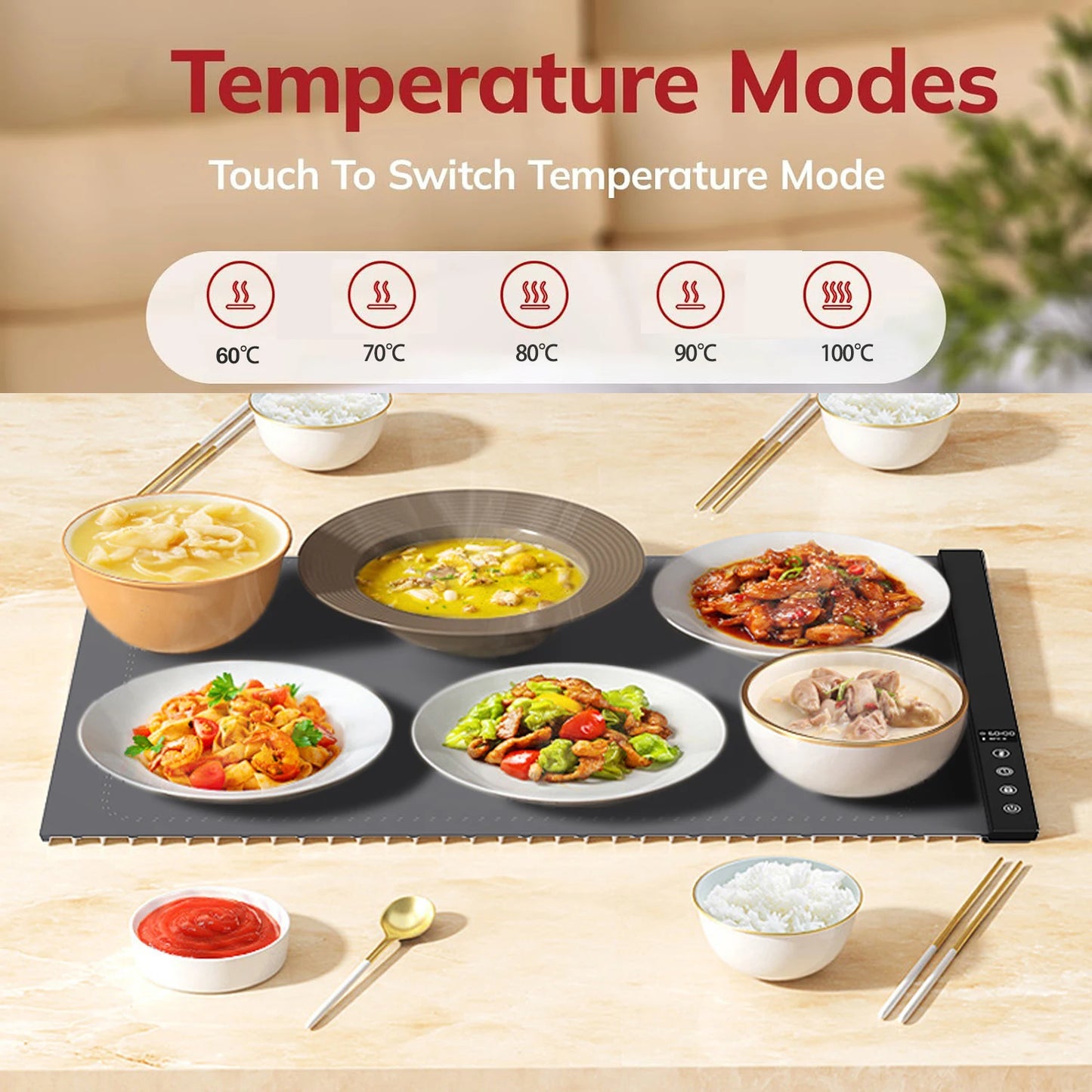 Tapete de silicona con calentamiento ajustable: Mantenga sus platos calientes y su buffet elegante