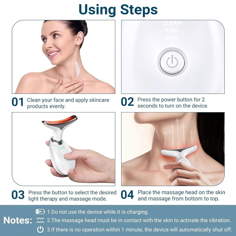 Rejuvenecedor de rostro y cuello: Dispositivo Masajeador Facial con Luz LED 3 en 1
