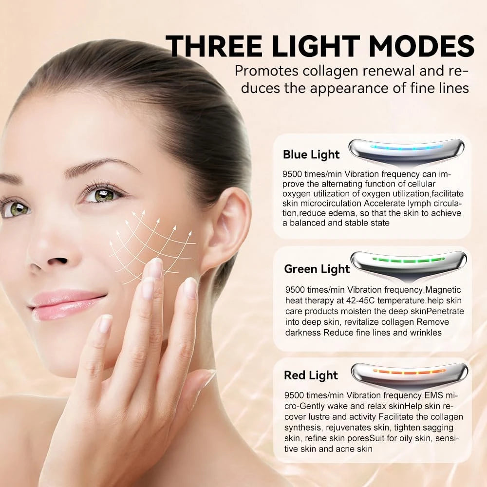 Rejuvenecedor de rostro y cuello: Dispositivo Masajeador Facial con Luz LED 3 en 1