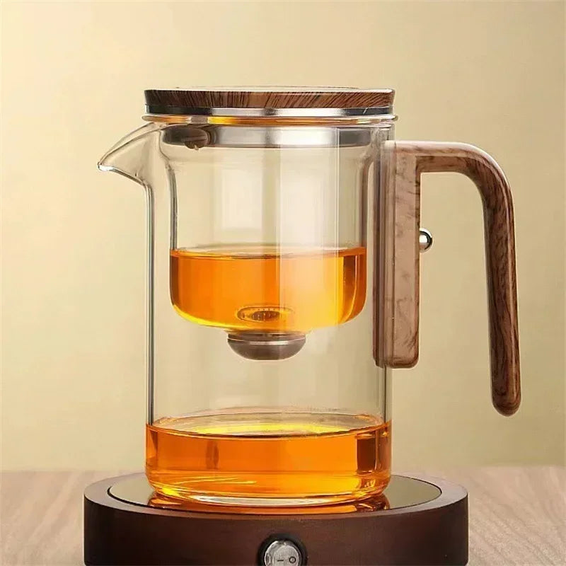Tetera de vidrio con interruptor magnético de un solo clic y mango de madera