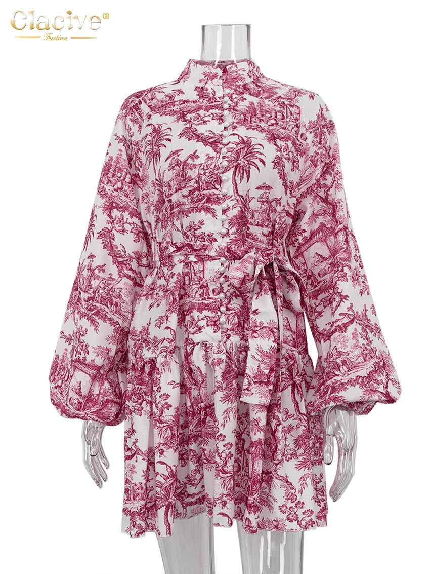 Vestido Clásico Suelto para Mujer: Cuello Alto, Mangas Abullonadas y Pliegues con Encaje