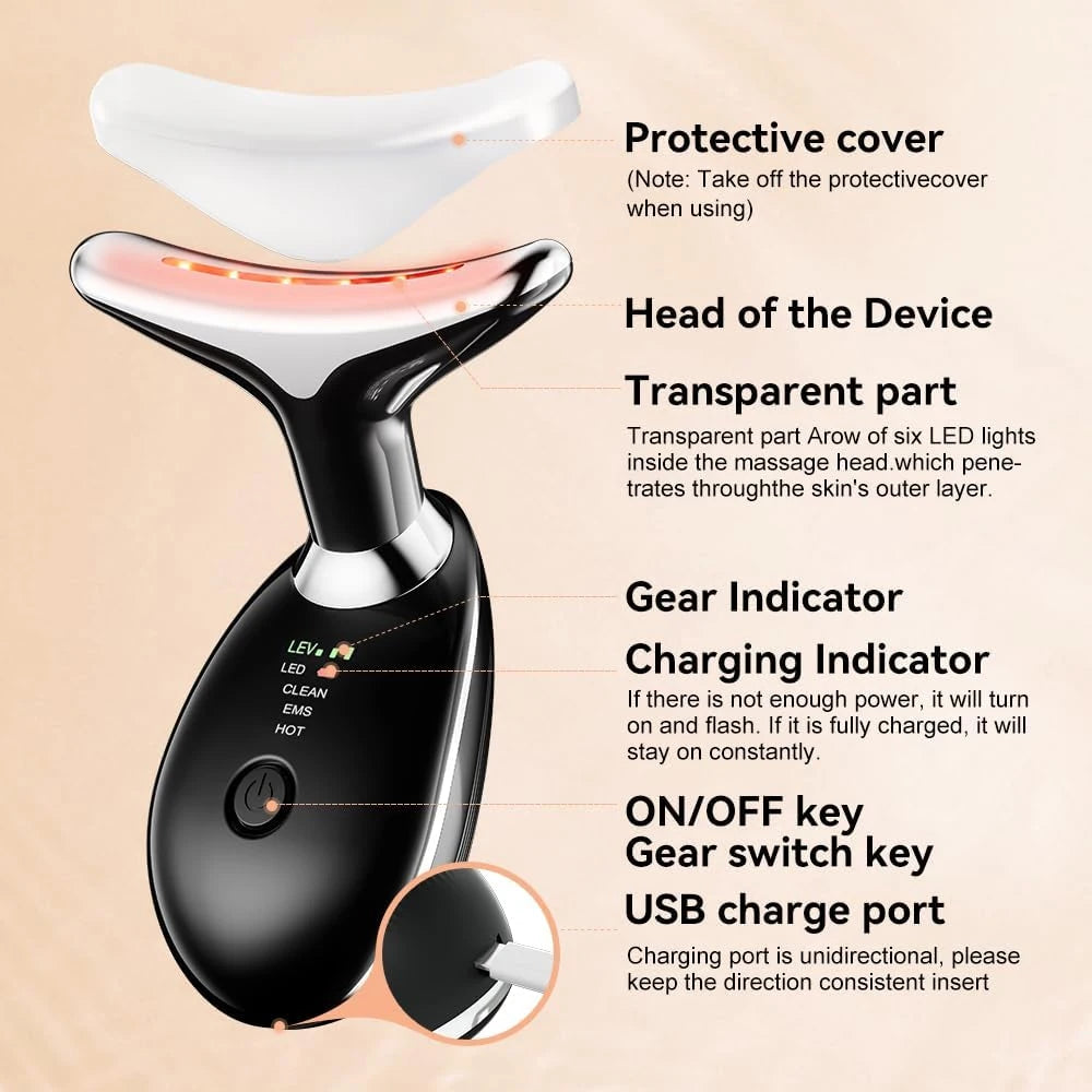 Rejuvenecedor de rostro y cuello: Dispositivo Masajeador Facial con Luz LED 3 en 1