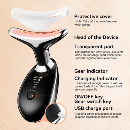 Rejuvenecedor de rostro y cuello: Dispositivo Masajeador Facial con Luz LED 3 en 1
