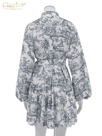 Vestido Clásico Suelto para Mujer: Cuello Alto, Mangas Abullonadas y Pliegues con Encaje